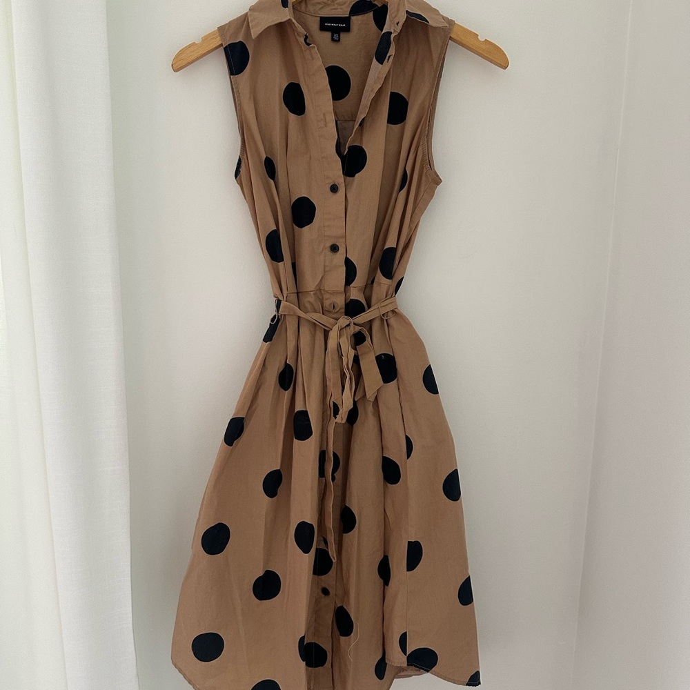 Who What Wear Tan and Black Polka Dot Midi Dress